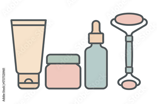 Skincare routine essentials set with various beauty products and tools for self-care
