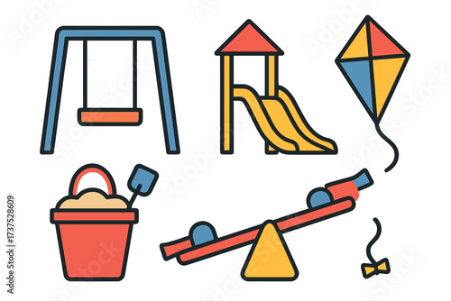 Vibrant playground equipment set with swing, slide, seesaw, sandbox, and kite