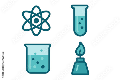 Science laboratory equipment and atom symbol icons for chemistry and physics research