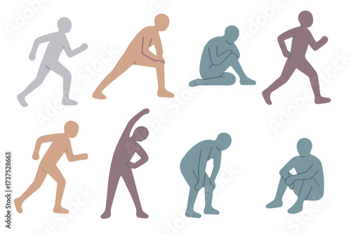 Diverse human figures showcasing various physical activities and postures in a minimalistic style