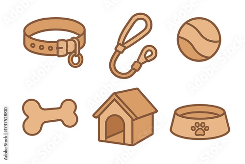 Domestic dog pet care accessories and supplies including toys and housing
