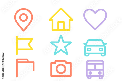 Colorful icons representing various activities and concepts in a modern design layout