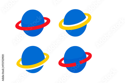 Abstract planet symbols with colorful orbiting rings on a clean white background
