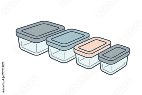 Set of four clear food storage containers with colored lids in various sizes