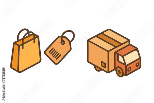 Isometric shopping bag, price tag, and delivery truck representing e-commerce and online retail