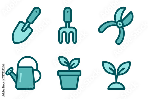 Garden tools and plant symbols for gardening, cultivation, and nurturing plants during the spring season