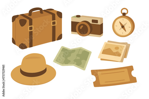 Travel and adventure essentials with suitcase, camera, compass, map, hat, photos, and ticket