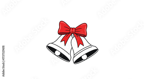 Two white christmas bells with a red ribbon bow on top.