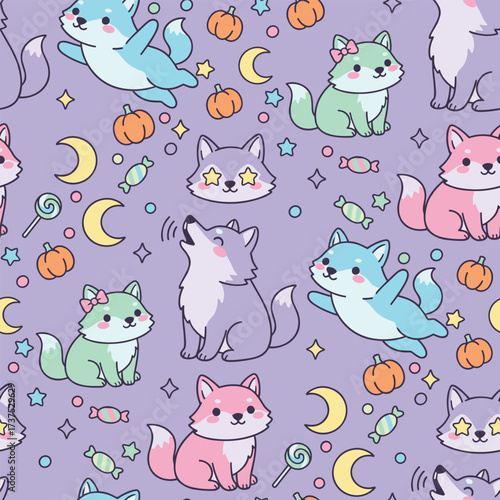 Fotografie Seamless Halloween wolf pattern cute kawaii colorful vector