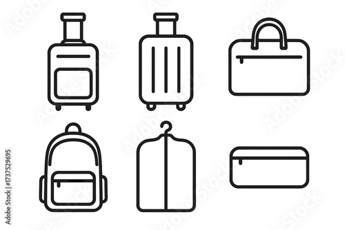 Collection of travel luggage and bags line icons for journey and vacation