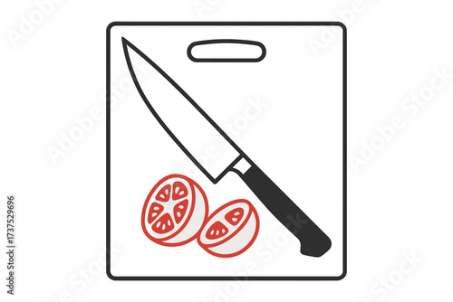 Chef's knife with fresh red tomato halves on a white kitchen cutting board