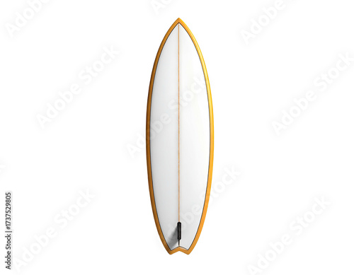 Pristine, overhead perspective of a sleek surfboard with a golden edge on black
