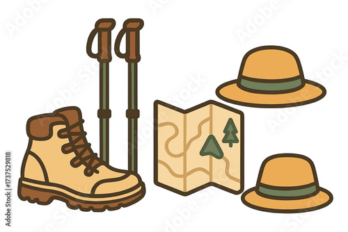 Essential hiking gear for outdoor adventure including boots, poles, map, and hats