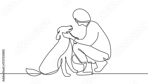 Woman with Dog One Line Vector Illustration. Continuous Single Line Drawing of Girl and Dog. Domestic Animal on Hands Hand Drawn Vector Illustration. Pet Contour Silhouette Outline Style