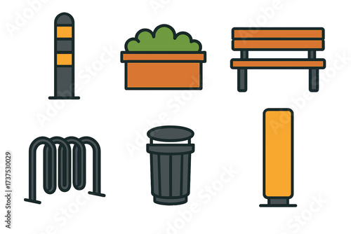 Collection of essential urban park and street furniture elements for public spaces