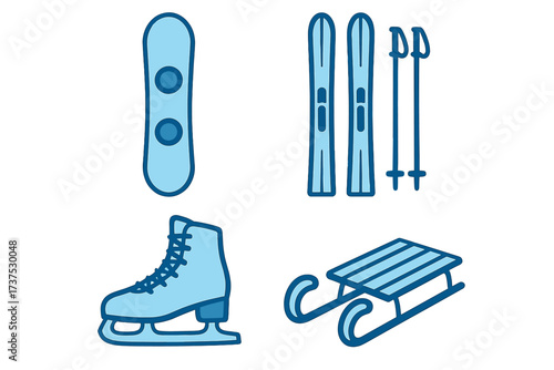 Collection of winter sports equipment including snowboard skis ice skate and sled