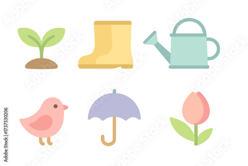 Spring and gardening elements: seedling, boot, watering can, bird, umbrella, and tulip