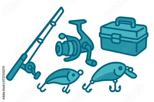 Essential fishing equipment set including rod, reel, lures, and tackle box