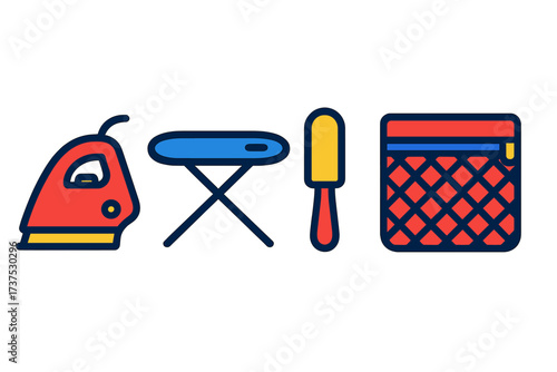 Household laundry items including an electric iron, ironing board, and clothes basket