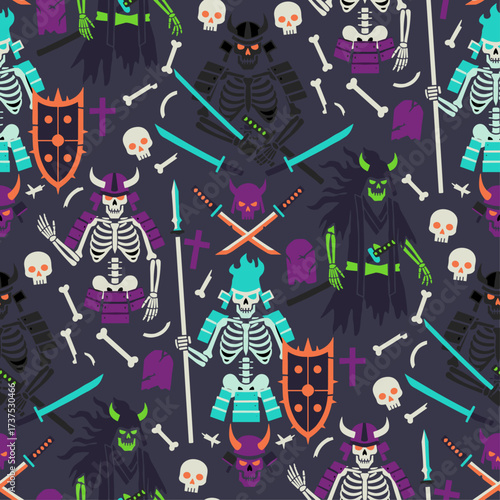 Seamless Gothic Horror Halloween Pattern - Dark Samurai Skeleton Ghost Vector