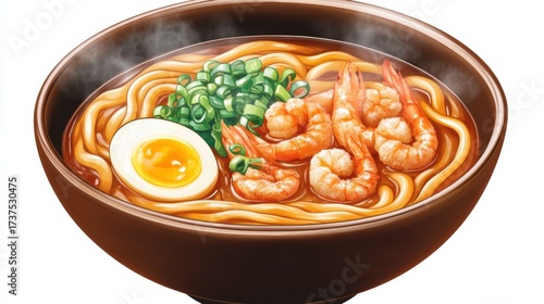 Shrimp noodle ramen with green onions and egg
