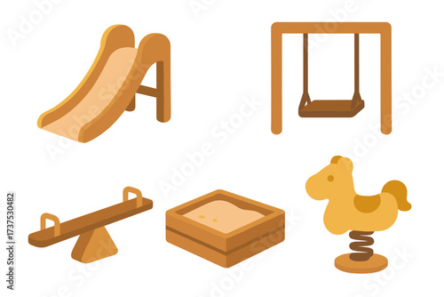 Playground equipment featuring a slide, swing, seesaw, sandbox, and rocking horse designed for children's fun