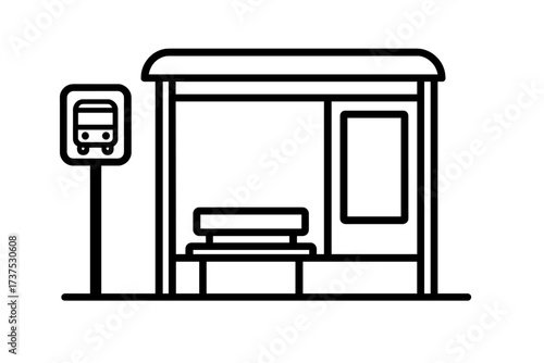 Public transportation bus stop shelter with a sign and bench for waiting passengers