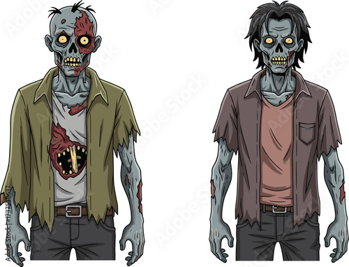 Cartoon zombie characters, scary undead monsters, creepy walking dead illustration, spooky horror artwork, bloody skeleton design, Halloween evil creatures, nightmare apocalypse drawing