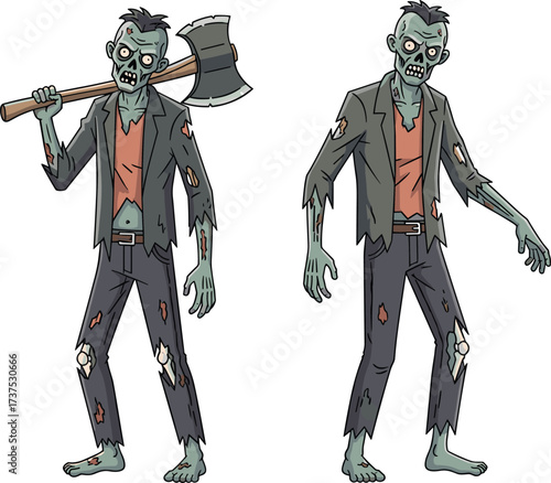 Cartoon zombie character holding big axe weapon with scary face, creepy undead monster in tattered clothes, horror apocalypse spooky Halloween artwork