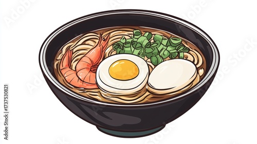 Illustrated udon bowl with shrimp and eggs
