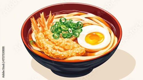 Udon noodle soup with egg and tempura shrimp
