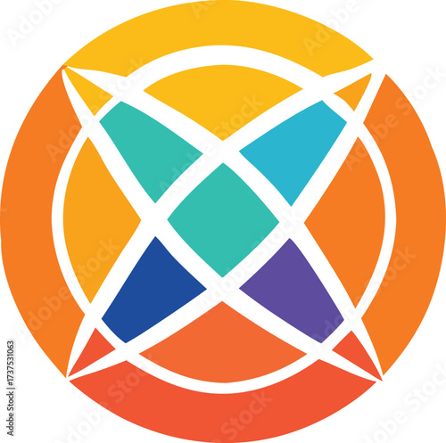 Vibrant geometric abstract circular logo with intersecting lines and colorful segments representing connection and modernity