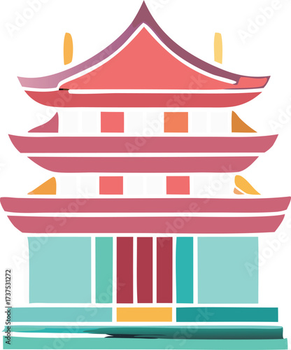 Vibrant red and blue asian pagoda temple architecture detailed facade representation