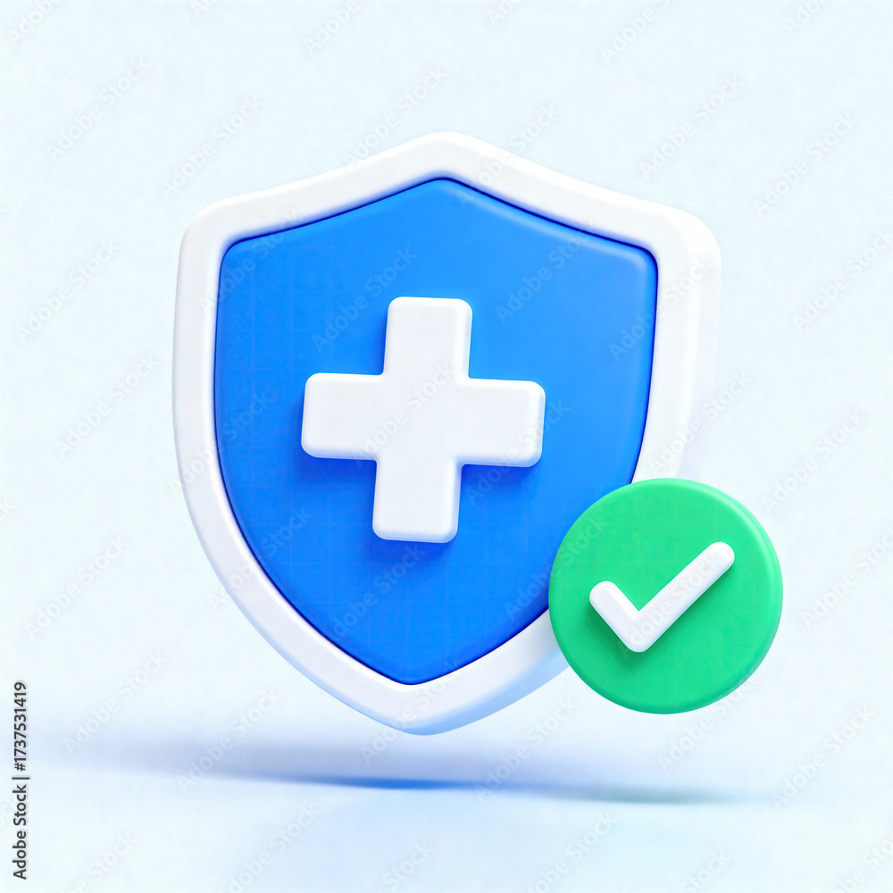 Obraz premium An illustration of a blue healthcare shield with a white cross and a green check mark signifying secure healthcare.