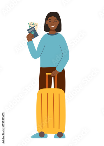 Clipart of young woman with suitcase and passport with tickets isolated on white background. Concept of travel, vacation. Vector flat illustration.