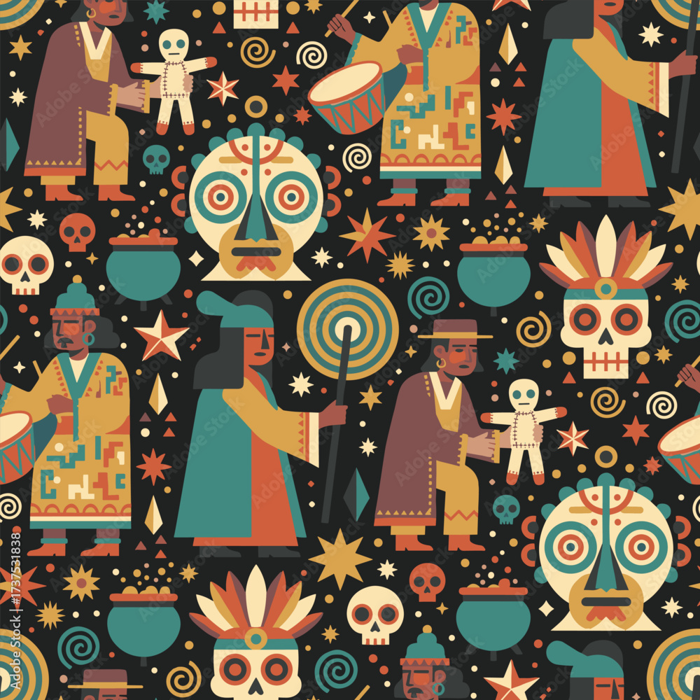 Obraz premium Retro Halloween Voodoo Magician Seamless Pattern – Vintage Illustration Nostalgic Bold Style for Posters and Fabrics Vector