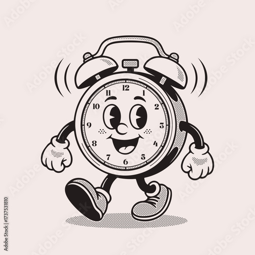 Vintage Cartoon Alarm Clock Character Vector Illustration In Black And White