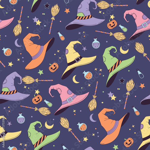 Seamless Halloween witch hat pattern spooky cute minimalist playful party vector