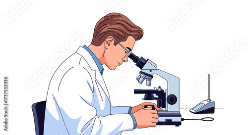 A scientist in a lab coat intently examines a microscope, conducting research.
