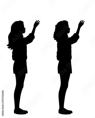 Vector illustration of black silhouette of young women reaching upward. Collection of African and European teenage girls.