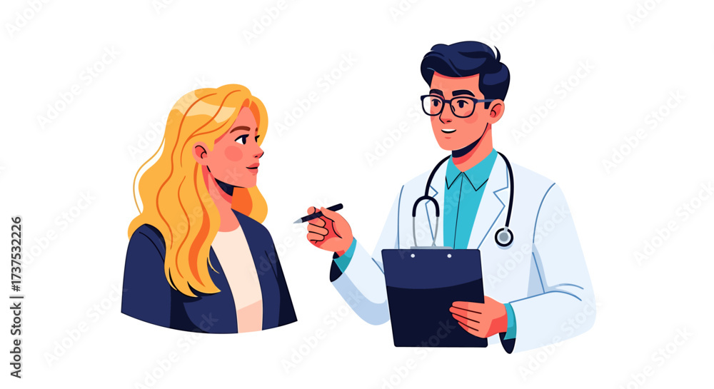 Fototapeta premium A doctor in a white coat consults with a blonde-haired patient, discussing medical information.