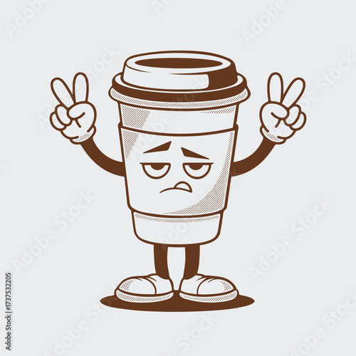Tired Coffee Cup Cartoon Character Vector Illustration With Peace Signs