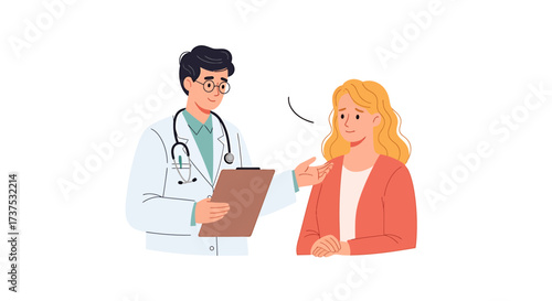 A doctor comforting a patient while reviewing medical information on a clipboard.