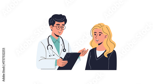 A doctor in a white coat consults with a blonde patient, discussing information from a clipboard.