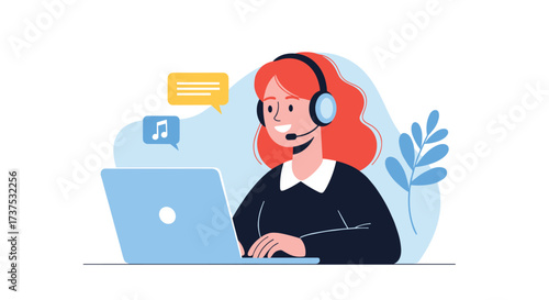 A helpful support agent with headphones and a microphone is typing on a laptop computer to assist customers online.