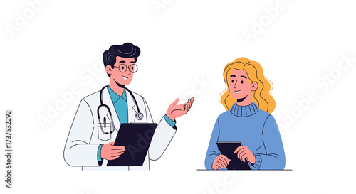 A doctor in a white coat gestures while speaking to a concerned patient.
