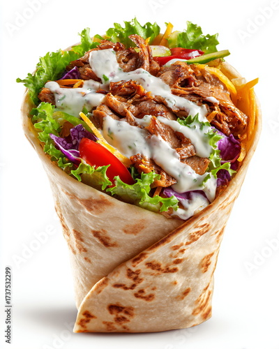 doner kebab wrap with vegetables and sauce, isolated on white background