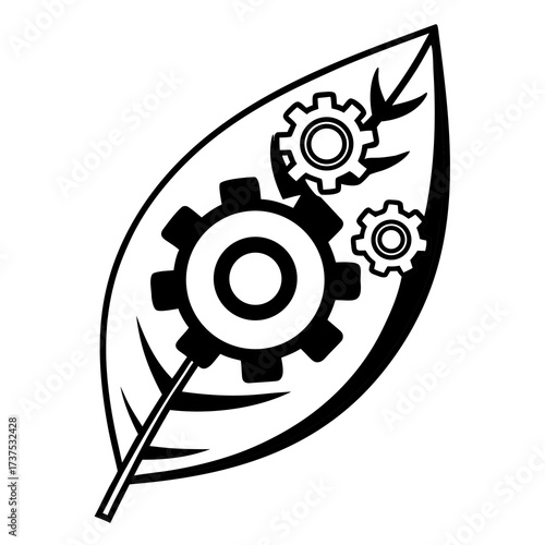 Mechanical gears integrated within a stylized leaf symbol