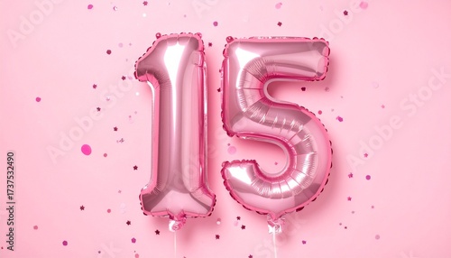 Pink balloon number 15 with confetti on solid colored background. Photo for anniversary or birthday party