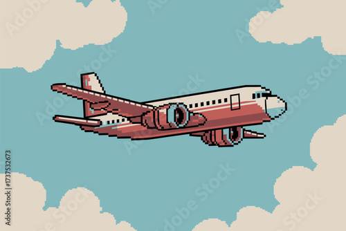 Pixel art airplane flying in the sky, travel and tourism concept, aviation and transportation design